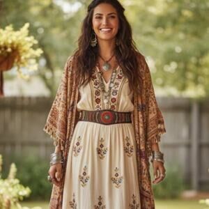 Chicos Marquesa Belt Leather Beaded Multi Gypsy Belt Festival Bohemian M/L Moana